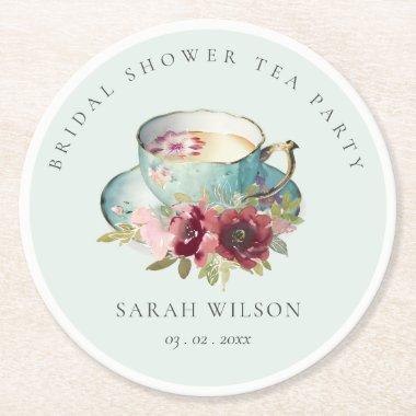 Teal Gold Floral Teacup  Tea Party Round Paper Coaster