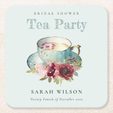 Teal Gold Floral Teacup Bridal Shower Tea Party Square Paper Coaster