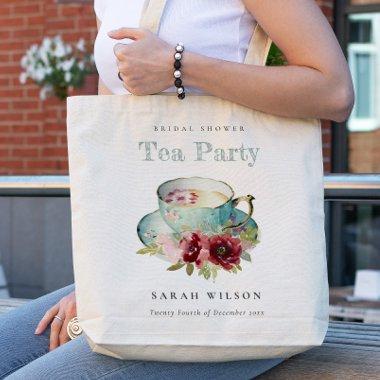 Teal Gold Floral Teacup Bridal Shower Tea Party Tote Bag