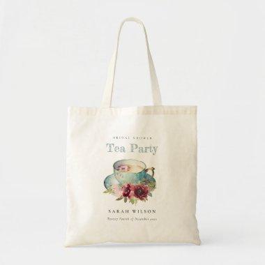 Teal Gold Floral Teacup Bridal Shower Tea Party Tote Bag