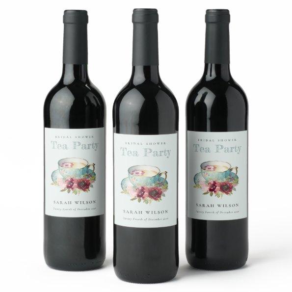 Teal Gold Floral Teacup  Tea Party Wine Label