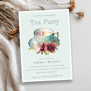 Teal Gold Floral Teacup Couples Shower Tea Party Invitations