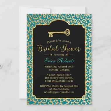 Teal & Gold Leopard Skeleton Key Bridal Shower Invitations