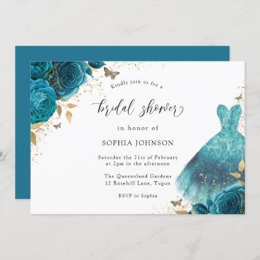 Teal & Gold Sparkle Dress Rose Bridal Shower Invitations