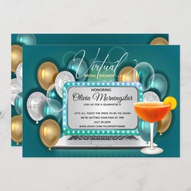 Teal Gold Virtual Bridal Shower Quarantini Party Invitations