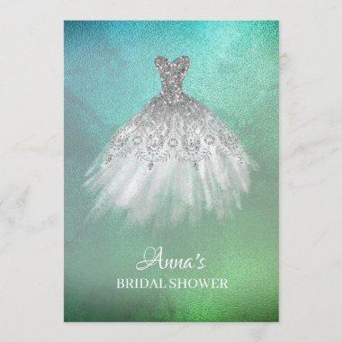 *~* Teal Gold White Gown Dress Bridal Shower Invitations