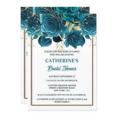 Teal gold white rose watercolor bridal shower Invitations