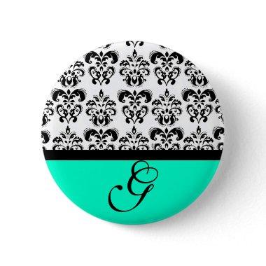 TEAL GREEN BLACK WHITE DAMASK WEDDING MONOGRAM BUTTON