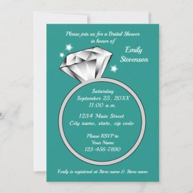 Teal green Diamond ring Bridal Shower Invitations