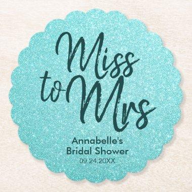 Teal Green Glitter Glam Miss to Mrs Bridal Shower Paper Coaster