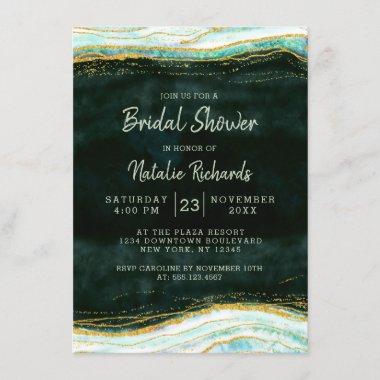 Teal Green & Gold Agate Rock Wedding Bridal Shower Invitations