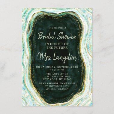 Teal Green & Gold Agate Rock Wedding Bridal Shower Invitations
