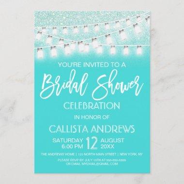 Teal Mason Jar String Lights Glitter Bridal Shower Invitations