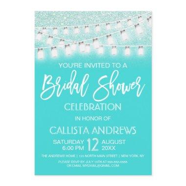 Teal Mason Jar String Lights Glitter Bridal Shower Invitations