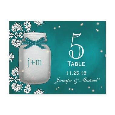 Teal Mason Jar with Fireflies Table Number Cards