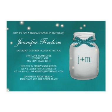 Teal Monogrammed Firefly Mason Jar Bridal Shower Invitations