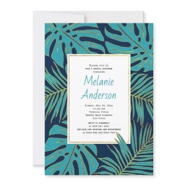 Teal, navy tropical leaves wedding bridal shower Invitations