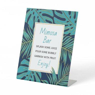 Teal, navy tropical leaves wedding  pedestal sign