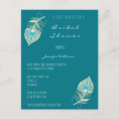 Teal peacock feather bridal shower invitations