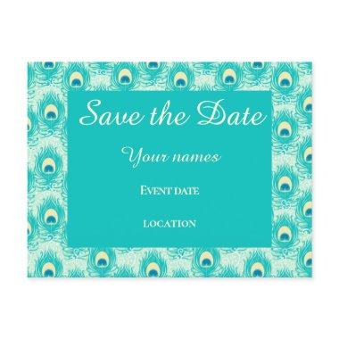 Teal peacock feather save the date post