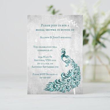 Teal Peacock Leaf Vine Bridal Shower Invite