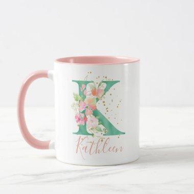 Teal Pink Gold Watercolor Floral Monogram K Mug