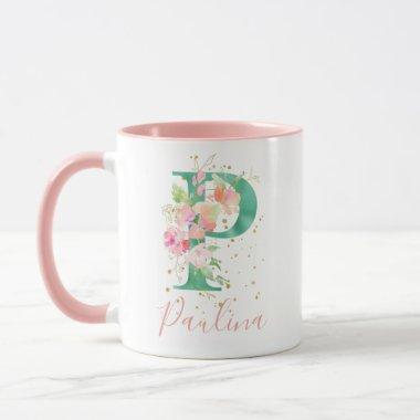 Teal Pink Gold Watercolor Floral Monogram P Mug