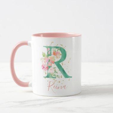 Teal Pink Gold Watercolor Floral Monogram R Mug