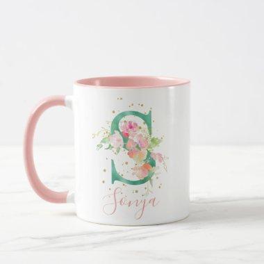 Teal Pink Gold Watercolor Floral Monogram S Mug