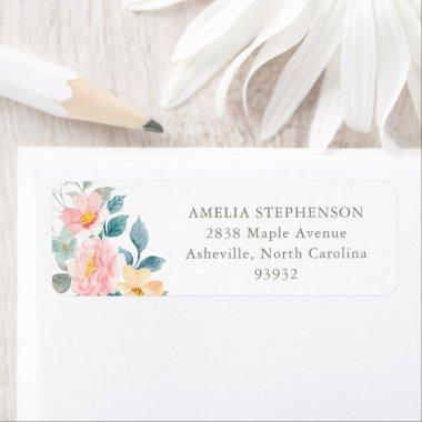 Teal Pink Pastel Watercolor Floral Return Address Label