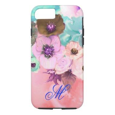 TEAL PINK ROSES AND ANEMONE FLOWERS MONOGRAM iPhone 8/7 CASE