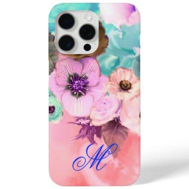 TEAL PINK ROSES AND ANEMONE FLOWERS MONOGRAM iPhone 15 PRO MAX CASE