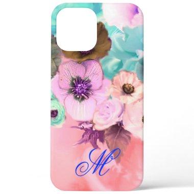 TEAL PINK ROSES AND ANEMONE FLOWERS MONOGRAM iPhone 12 PRO MAX CASE