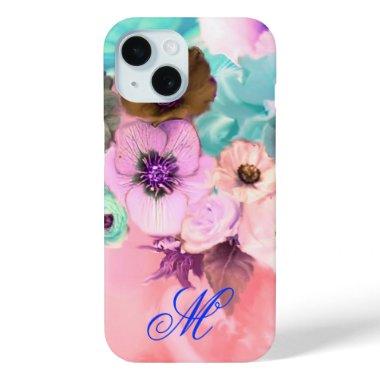 TEAL PINK ROSES AND ANEMONE FLOWERS MONOGRAM iPhone 15 CASE