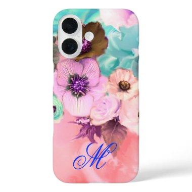 TEAL PINK ROSES AND ANEMONE FLOWERS MONOGRAM iPhone 16 CASE