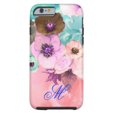 TEAL PINK ROSES AND ANEMONE FLOWERS MONOGRAM TOUGH iPhone 6 CASE