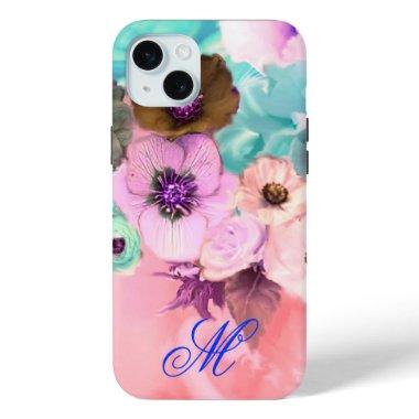 TEAL PINK ROSES AND ANEMONE FLOWERS MONOGRAM iPhone 15 PLUS CASE