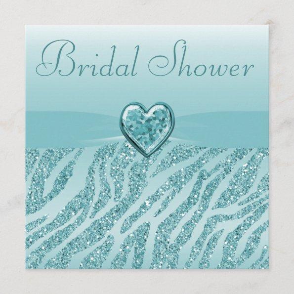 Teal Printed Heart & Zebra Glitter Bridal Shower Invitations
