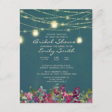 Teal Purple Floral String Lights Bridal Shower Invitations