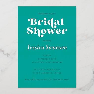 Teal Retro Serif Bridal Shower Silver Foil Invitations