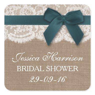 Teal Ribbon On Burlap & Lace Bridal Shower Square Sticker