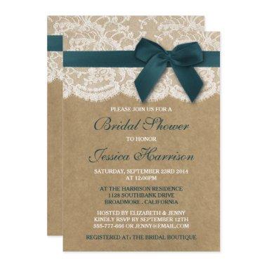 Teal Ribbon On Kraft & Lace Bridal Shower Invitations