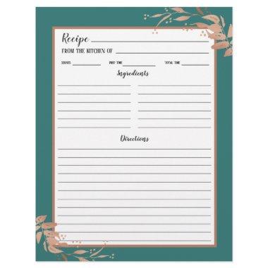 Teal Rose Gold Foliage Recipe Binder Page