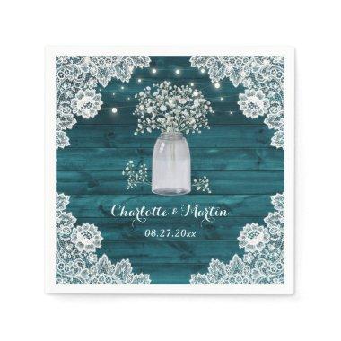 Teal Rustic Country Wood Lace Wedding Napkins