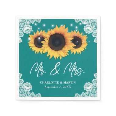 Teal Rustic Lace Sunflower Mr and Mrs Wedding Napkins