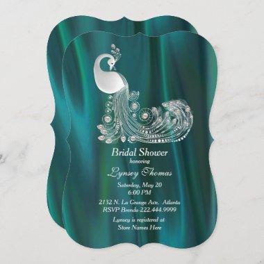Teal Satin with White Peacock Bridal Shower Invitations