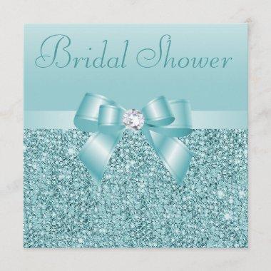 Teal Sequins, Bow & Diamond Bridal Shower Invitations