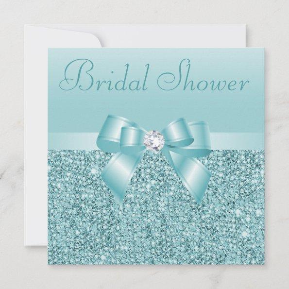 Teal Sequins, Bow & Diamond Bridal Shower Invitations