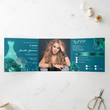 Teal silver floral rose quinceanera glitter gown Tri-Fold Invitations