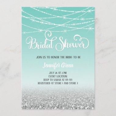 Teal Silver Glitter Bridal Shower Invitations